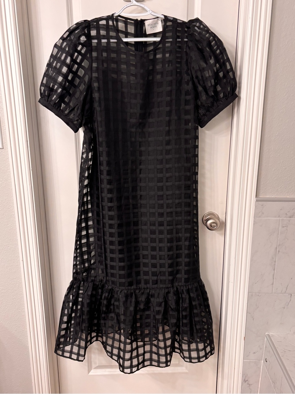 Hyacinth House Organza Sheer Check Puff-Sleeve Dress - Black